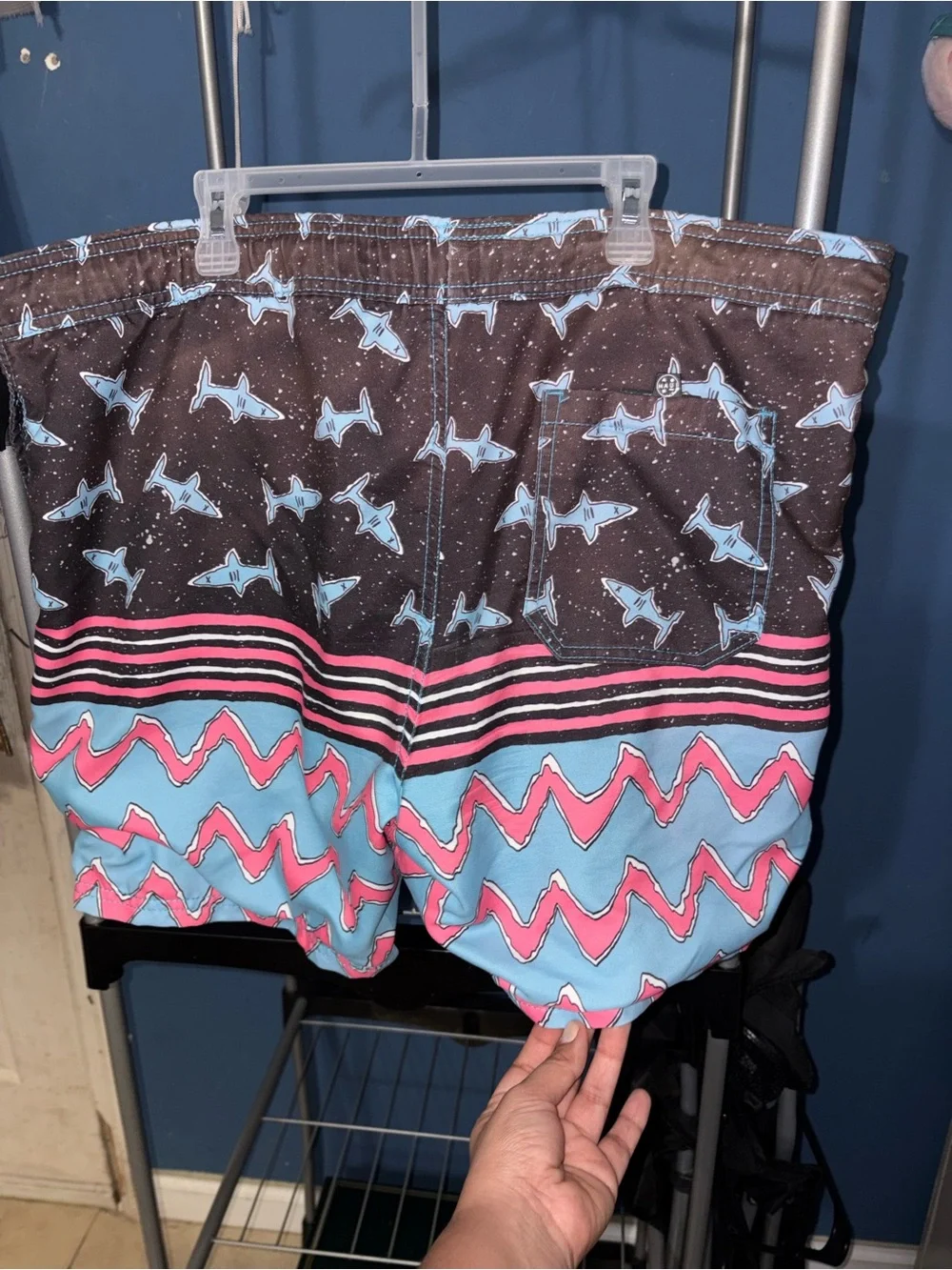 MAUI Athletics Men's Black, Light Blue & Pink Shark Print Swim Trunks